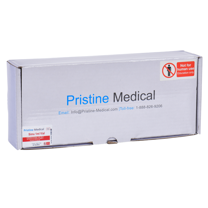 A Pristine Medical box sits on a surface. It contains a Simu 1ml vial for educational use only. The box is white with company contact information and warnings against human use.