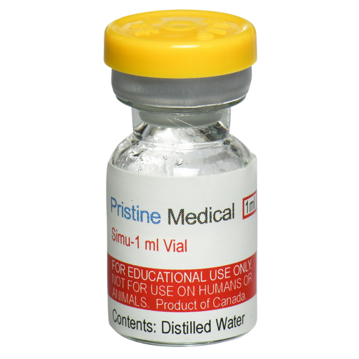 A small, clear glass vial containing distilled water sits upright. It is capped with a yellow and gray top, and labeled “Pristine Medical Simu-1 ml Vial,” “FOR EDUCATIONAL USE ONLY. NOT FOR USE ON HUMANS OR ANIMALS. Product of Canada.” The contents are also described as “Distilled Water.”