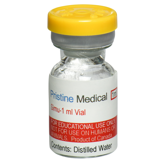 A small, clear glass vial containing distilled water sits upright. It is capped with a yellow and gray top, and labeled “Pristine Medical Simu-1 ml Vial,” “FOR EDUCATIONAL USE ONLY. NOT FOR USE ON HUMANS OR ANIMALS. Product of Canada.” The contents are also described as “Distilled Water.”