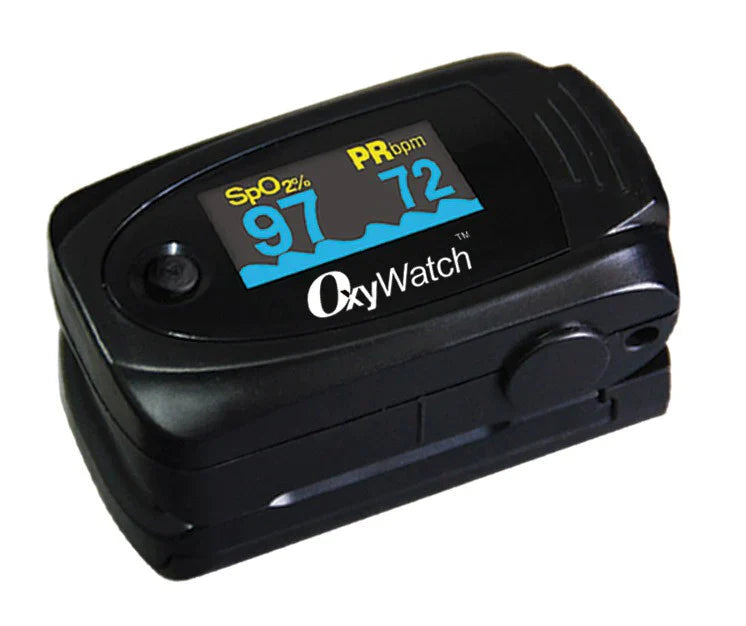 A black pulse oximeter displays 97% SpO2 and a pulse rate of 72 bpm on its screen. The device rests on a plain white background.