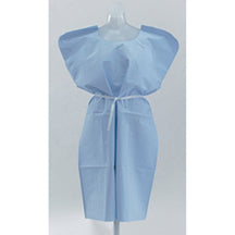 A light blue patient gown, tied at the waist, is displayed on a mannequin against a plain white background.