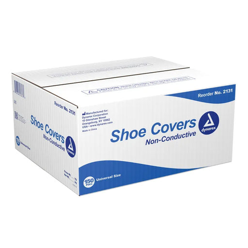 A cardboard box containing 150 pairs of universal-size, non-conductive shoe covers sits on a white background.