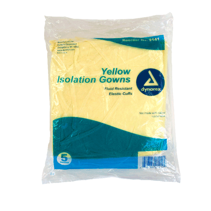 A package of five yellow isolation gowns, sealed in plastic, contains fluid-resistant gowns with elastic cuffs.