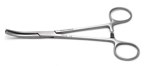 A curved, stainless steel surgical clamp lies on a white background.