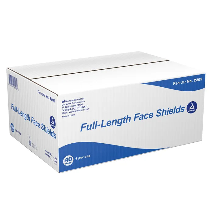 A box containing 40 full-length face shields sits on a plain background. The box is white with blue labeling and contains information regarding the manufacturer and reorder number 2209.