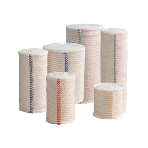 Elastic bandages of varying sizes are stacked on a white background.