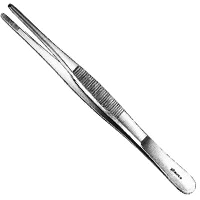 A metallic tweezer lies on a plain white background; it is ready to grasp small objects.