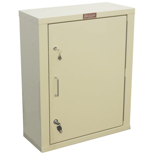 A cream-colored metal cabinet sits on a white background; its single door is closed and secured by two locks and keys. The cabinet features a handle and a small "Harloff" logo.