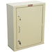 A cream-colored metal cabinet sits on a white background; its single door is closed and secured by two locks and keys. The cabinet features a handle and a small "Harloff" logo.