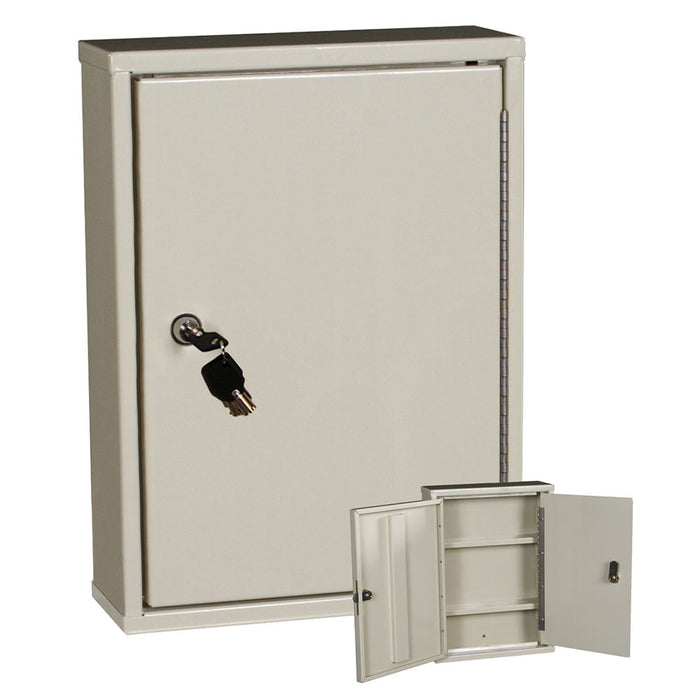 A beige metal cabinet with a key in the lock is shown closed and opened, revealing three interior shelves. The cabinet is mounted on a wall.
