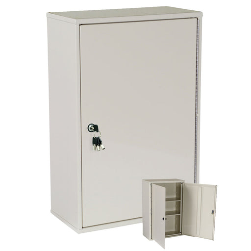 A light beige metal cabinet stands with its door closed and keys in the lock. A smaller, similar cabinet is shown open beside it, revealing interior shelves. Both are situated against a white background.