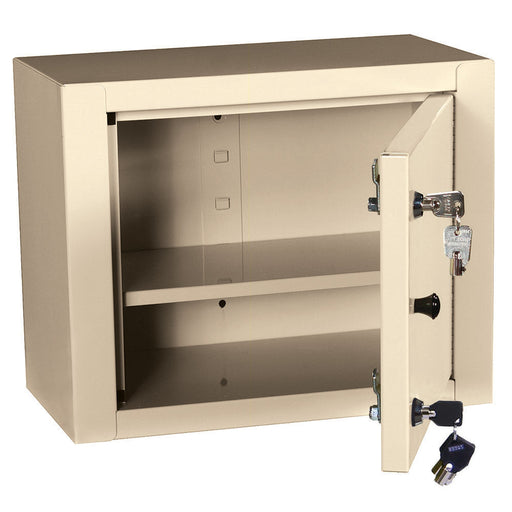 A beige metal security cabinet, partially open, revealing two shelves and its key.