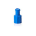 A small, blue, plastic medical connector sits on a white background. It has a cylindrical body with vertical ridges and a smaller, cylindrical top.