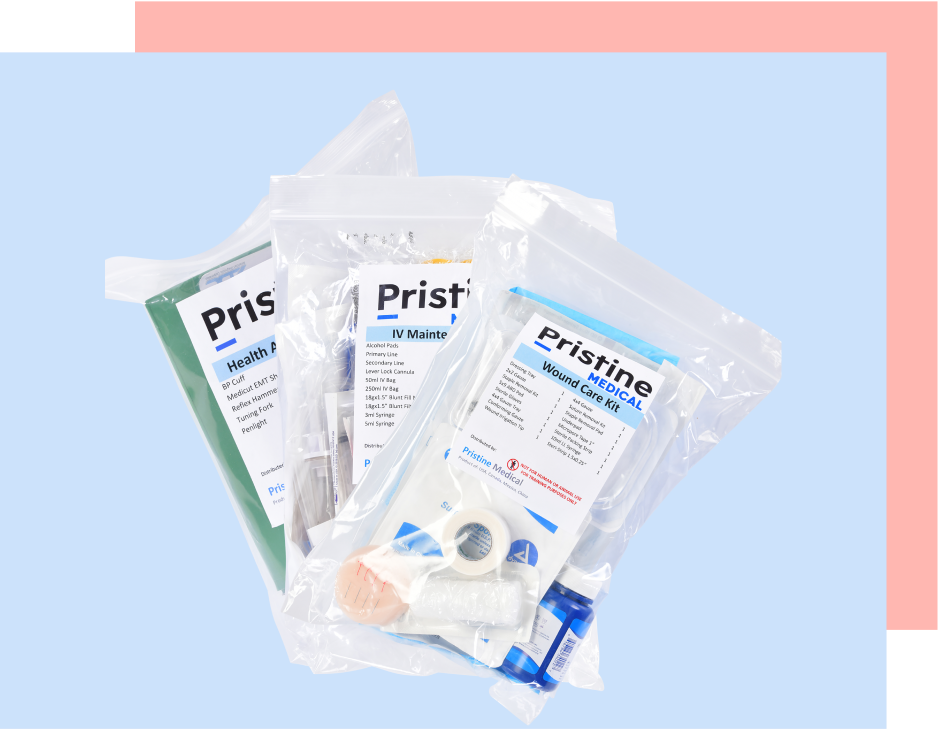 Three Pristine Medical kits—Health Aid, IV Maintenance, and Wound Care—are packaged in clear plastic bags against a light blue background.