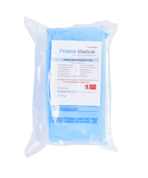 A light-blue Foley Catheterization Kit is packaged in a clear plastic bag. The bag displays “Pristine Medical” branding and product information. The kit is ready for medical use.