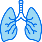 A pair of lungs, depicted in light blue, are presented against a black background. The lungs are shown with visible bronchial branching.
