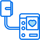 A blue heart rate monitor displays a light blue heart, connected to a sensor via a cord; it sits on a dark background.