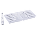 A glass ampoule containing sterile water rests near a plastic tray holding similar ampoules. The tray is partially filled; ampoules are nestled in the compartments.