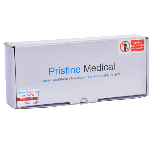 A Pristine Medical box containing a Simu 2ml vial rests on a surface. The box is white with company contact information and a warning label stating "Not for human use. Education only."