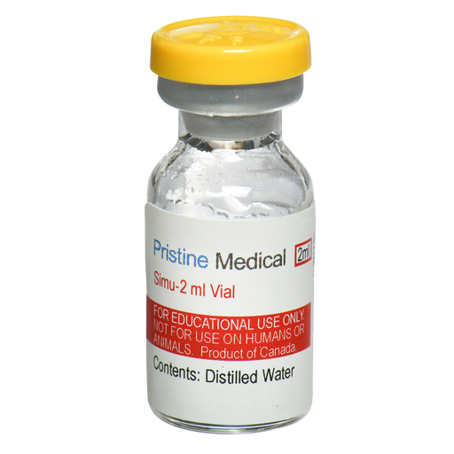 A 2ml vial of distilled water sits upright; it is labeled "Pristine Medical Simu-2 ml Vial" and contains a warning about its educational use only.