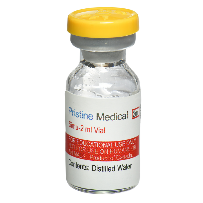 A 2ml vial of distilled water sits upright; it is labeled "Pristine Medical Simu-2 ml Vial" and contains a warning about its educational use only.
