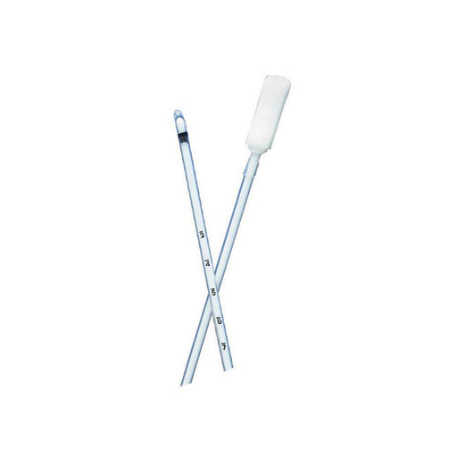 Two medical swabs, one with a flocked tip, cross on a white background. One swab is marked with graduated measurements in centimeters.