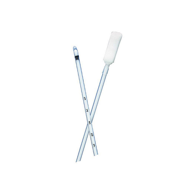 Two medical swabs, one with a flocked tip, cross on a white background. One swab is marked with graduated measurements in centimeters.