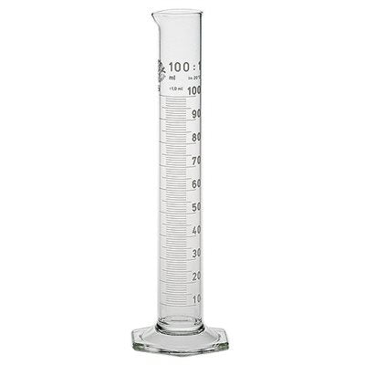 A graduated cylinder stands upright, displaying volume markings, on a plain white background.