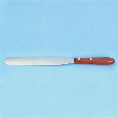 A long, thin spatula with a dark brown wooden handle rests on a light blue background.