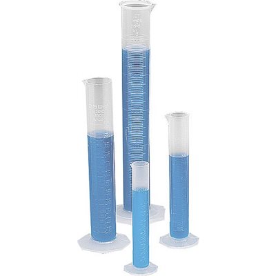 Four graduated cylinders containing blue liquid stand on a white background. The cylinders are of varying heights.