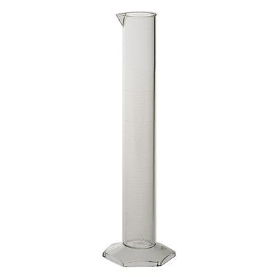 A graduated cylinder stands on a white background. It is empty and made of clear plastic with a hexagonal base.