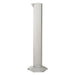 A graduated cylinder stands on a white background. It is empty and made of clear plastic with a hexagonal base.