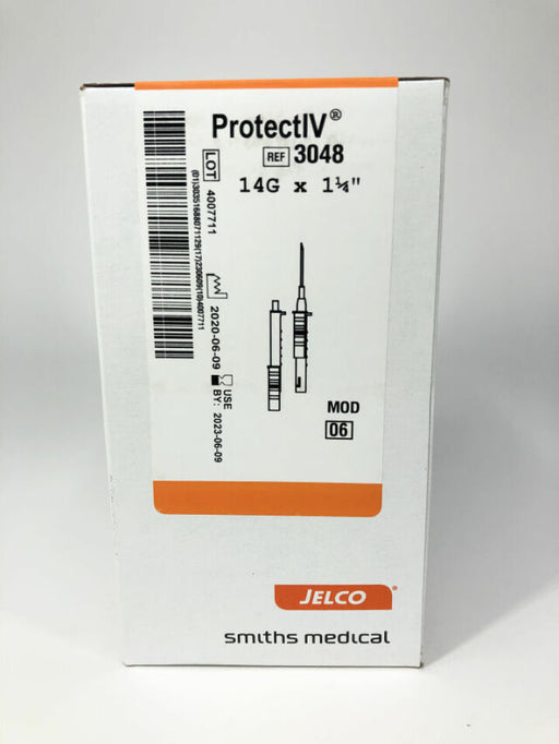 A ProtectIV® intravenous catheter, 14G x 1 1/2", sits inside its box; the box displays lot and expiration information; it's a Smiths Medical product.