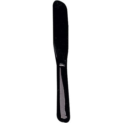 A black plastic spatula stands upright against a white background.