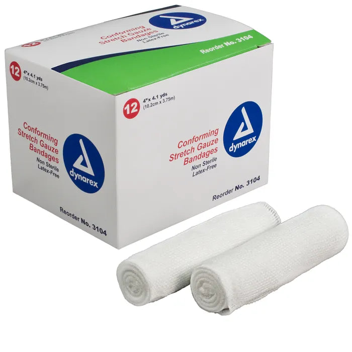 A box of twelve, non-sterile, latex-free conforming stretch gauze bandages (4" x 4.1 yds) sits next to two rolled bandages. Reorder No. 3104.