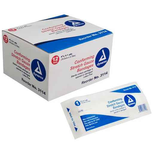 A box of twelve conforming stretch gauze bandages sits beside a single bandage. The bandages are sterile unless the package is opened or damaged; latex-free. Reorder number is 3114.