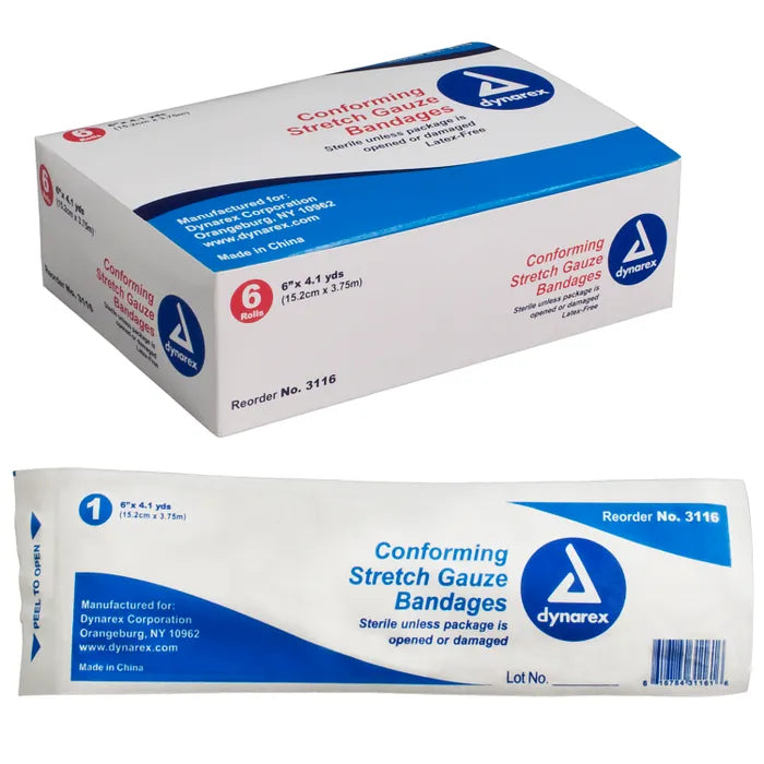 A box and a single package of Dynarex conforming stretch gauze bandages sit on a surface. The bandages are sterile unless the packaging is opened or damaged; they are latex-free. Reorder number is 3116.