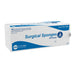 A box of 200 surgical sponges, all gauze, sits on a white background. The box is white with blue labeling that includes size and manufacturer details.