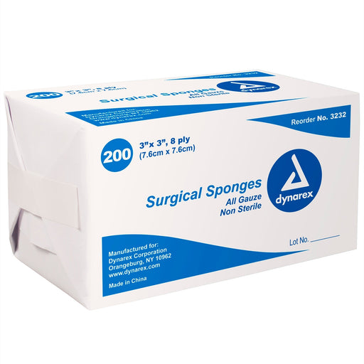 A box of 200 non-sterile surgical sponges, 3" x 3" and 8-ply, sits against a white background. The box is labeled with size, quantity, and manufacturer information. Reorder No. 3232.
