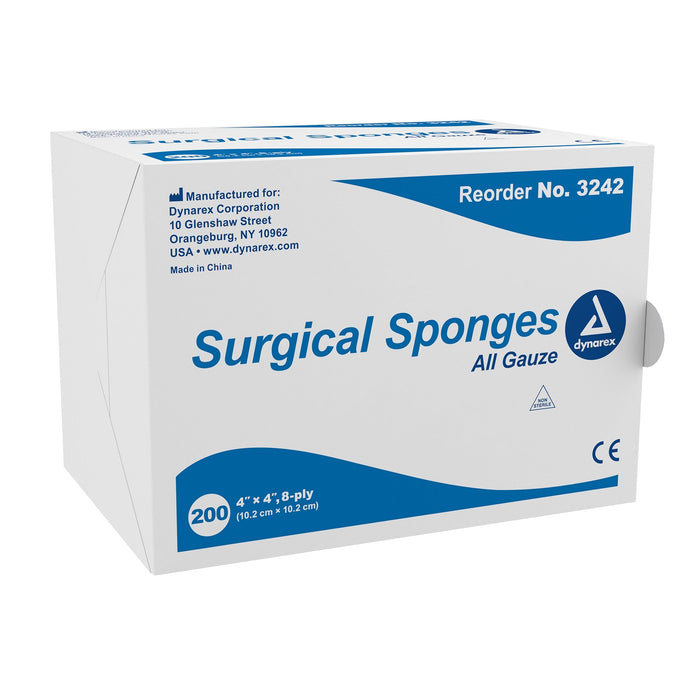 A box of 200 surgical sponges, all gauze, 4" x 4", 8-ply, sits on a white background. Reorder No. 3242. Manufactured by Dynarex Corporation.