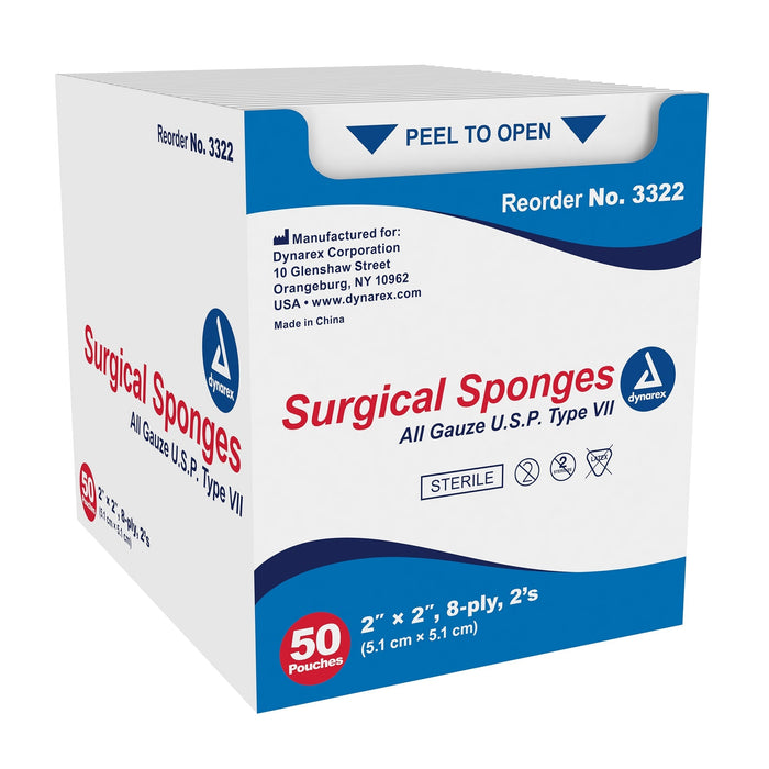 A box of 50 sterile surgical sponges, 2" x 2", 8-ply, is ready for use. The box is white and blue, with product information and instructions printed on it.