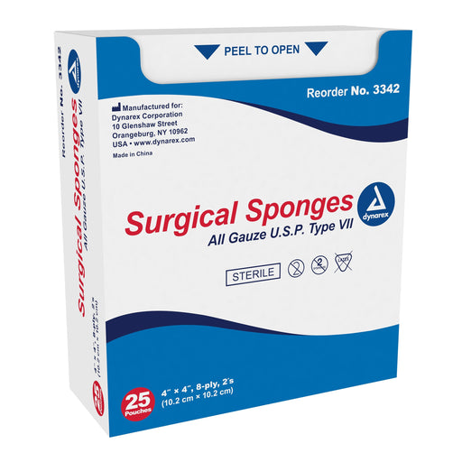 A box of surgical sponges sits upright. It displays product information, including "Surgical Sponges," "Absorbent 4x4 inch," and a lot number. The background is plain white.