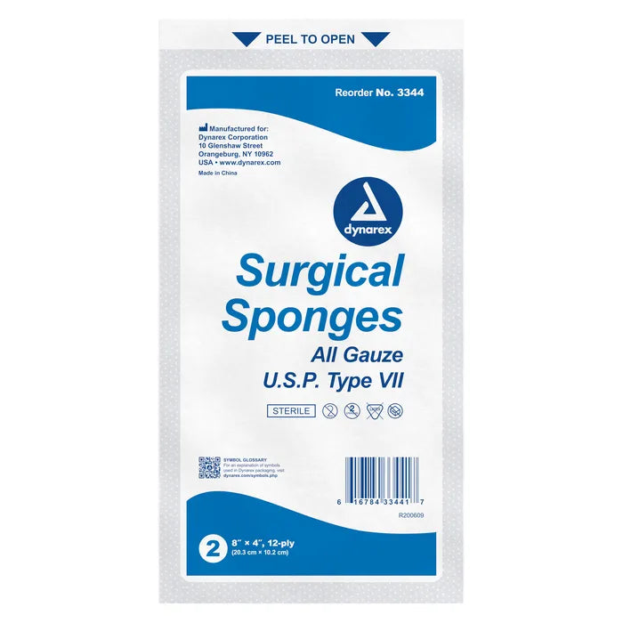 A package of surgical sponges sits sealed. It is labeled "Surgical Sponges 4x4 inch 100% Cotton."