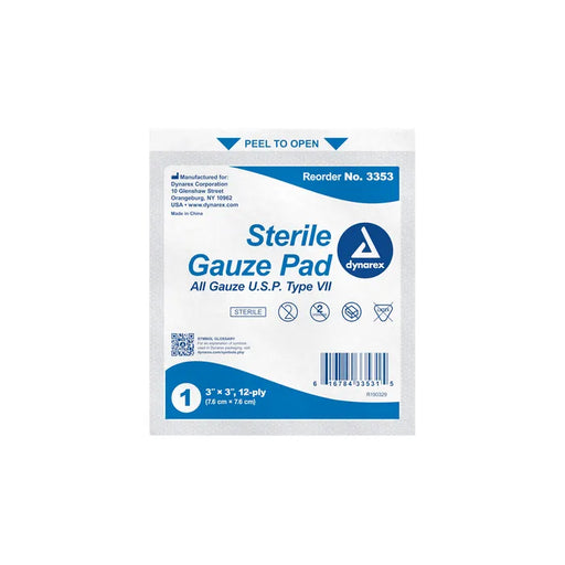 A sterile gauze pad, packaged for individual use, sits against a plain white background. Reorder No. 3353. The pad is 3" x 3", 12-ply.