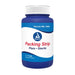 A blue plastic bottle of "Packing Strip" sits upright against a white background. The label indicates "Pain & Swelling."