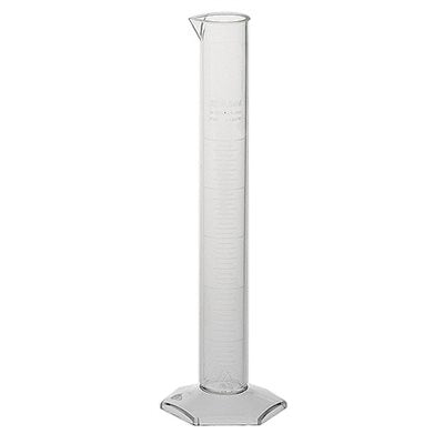 A tall, clear graduated cylinder stands upright on a hexagonal base, likely in a laboratory setting.