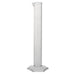 A tall, clear graduated cylinder stands upright on a hexagonal base, likely in a laboratory setting.