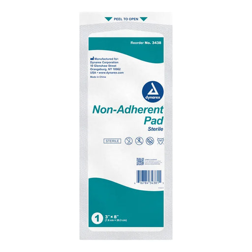 A sterile non-adherent pad is packaged for sale. It is 3" x 8" and the reorder number is 3438.