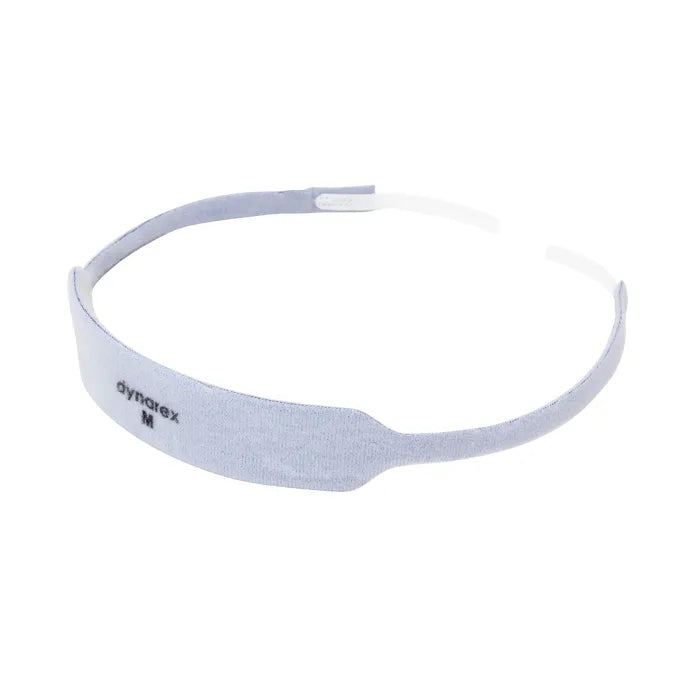 A light-blue fabric headband rests on a white background. The headband is labeled "dynarex M".