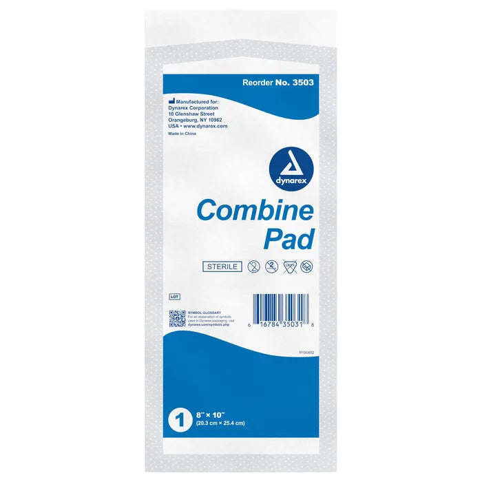 A sterile combine pad, packaged for sale, shows size and reorder number.